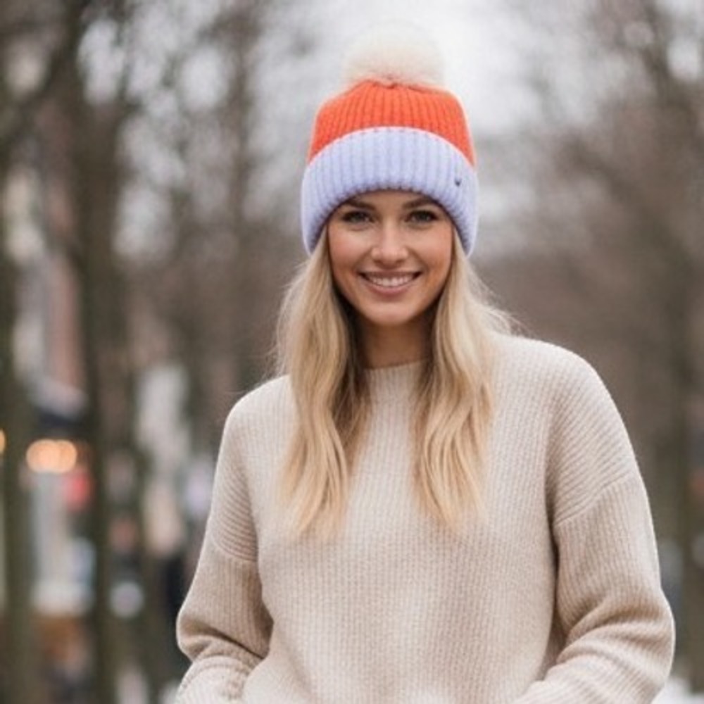 Shiraleah Jane Beanie Orange Blue White Pom-Pom Women One Size NWT